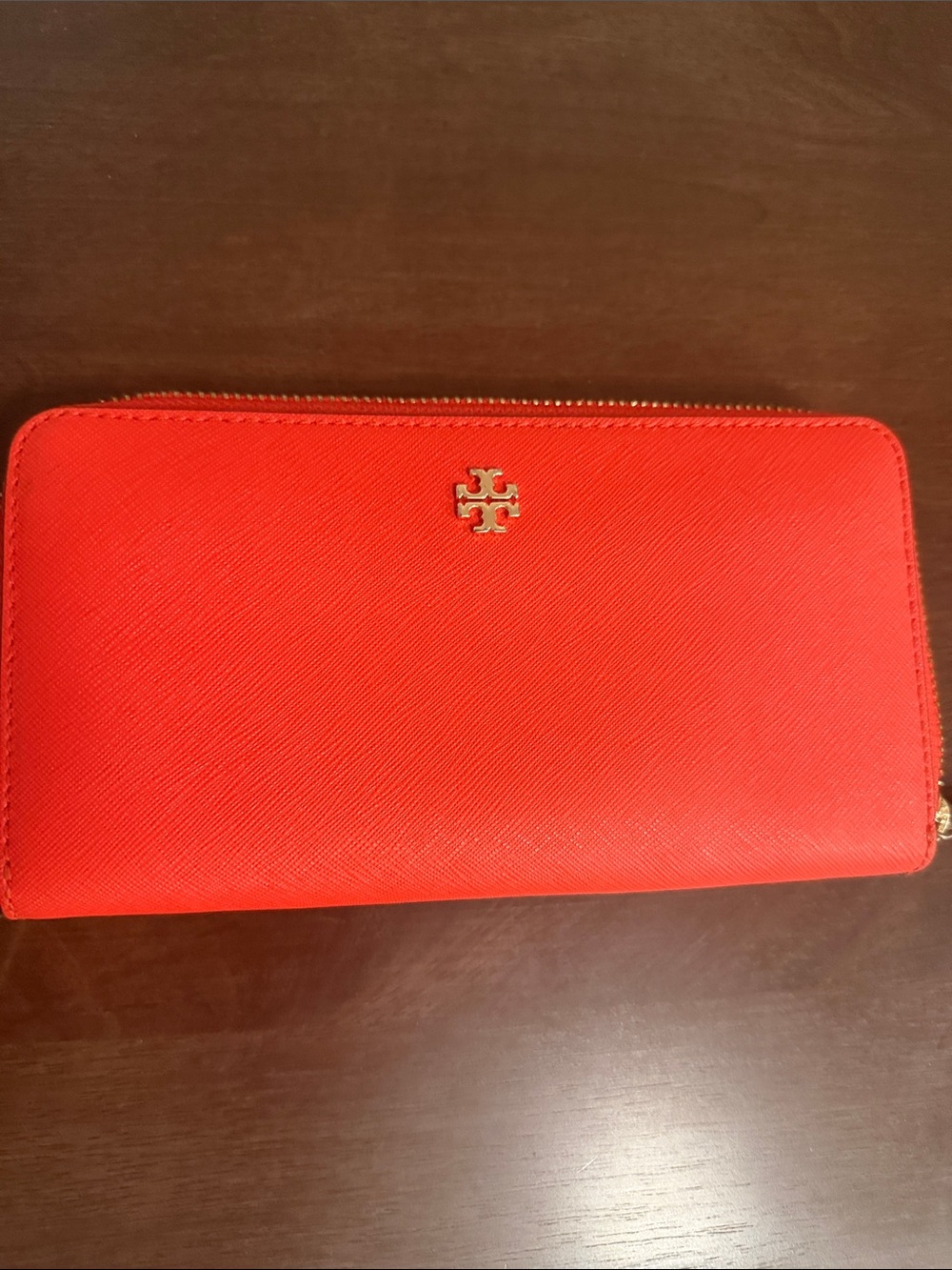 Tory Burch Bright Red Zip-Around Wallet with Gold Logo